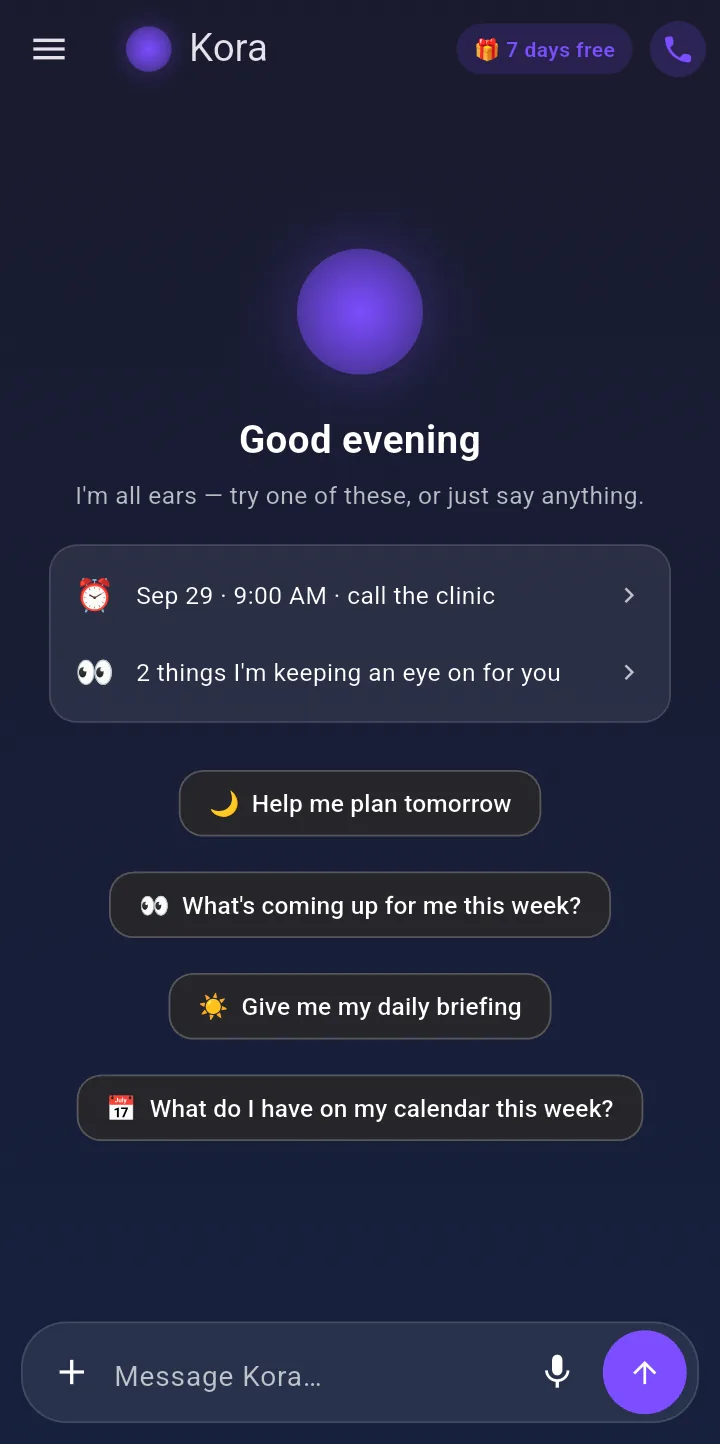 Kora's home screen with today's plan and suggestions
