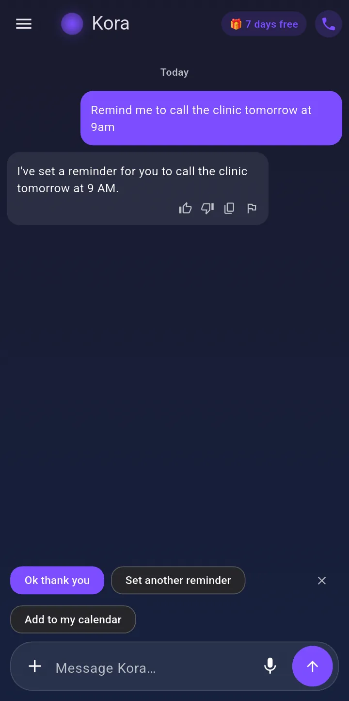 Kora confirming a reminder it has just set