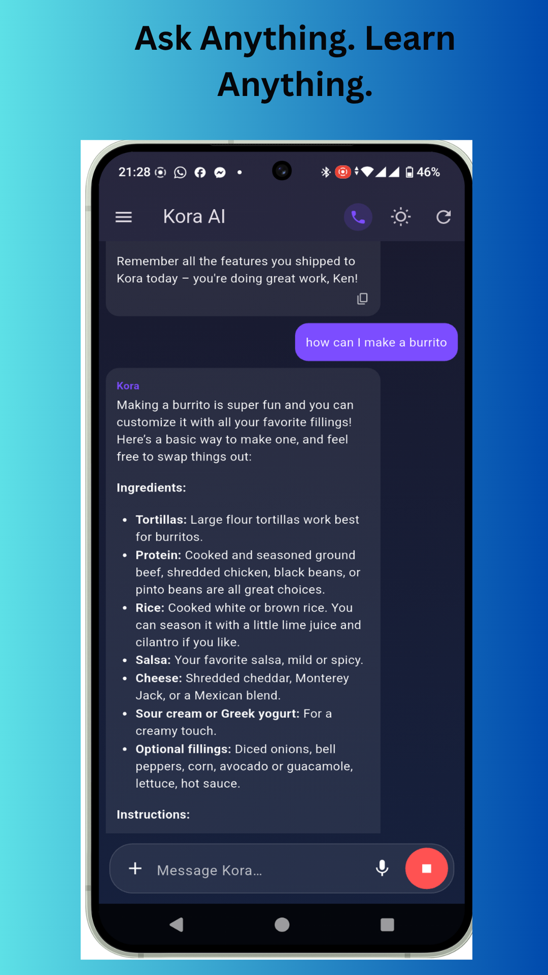 Ask anything, learn anything — Kora answering a cooking question in chat