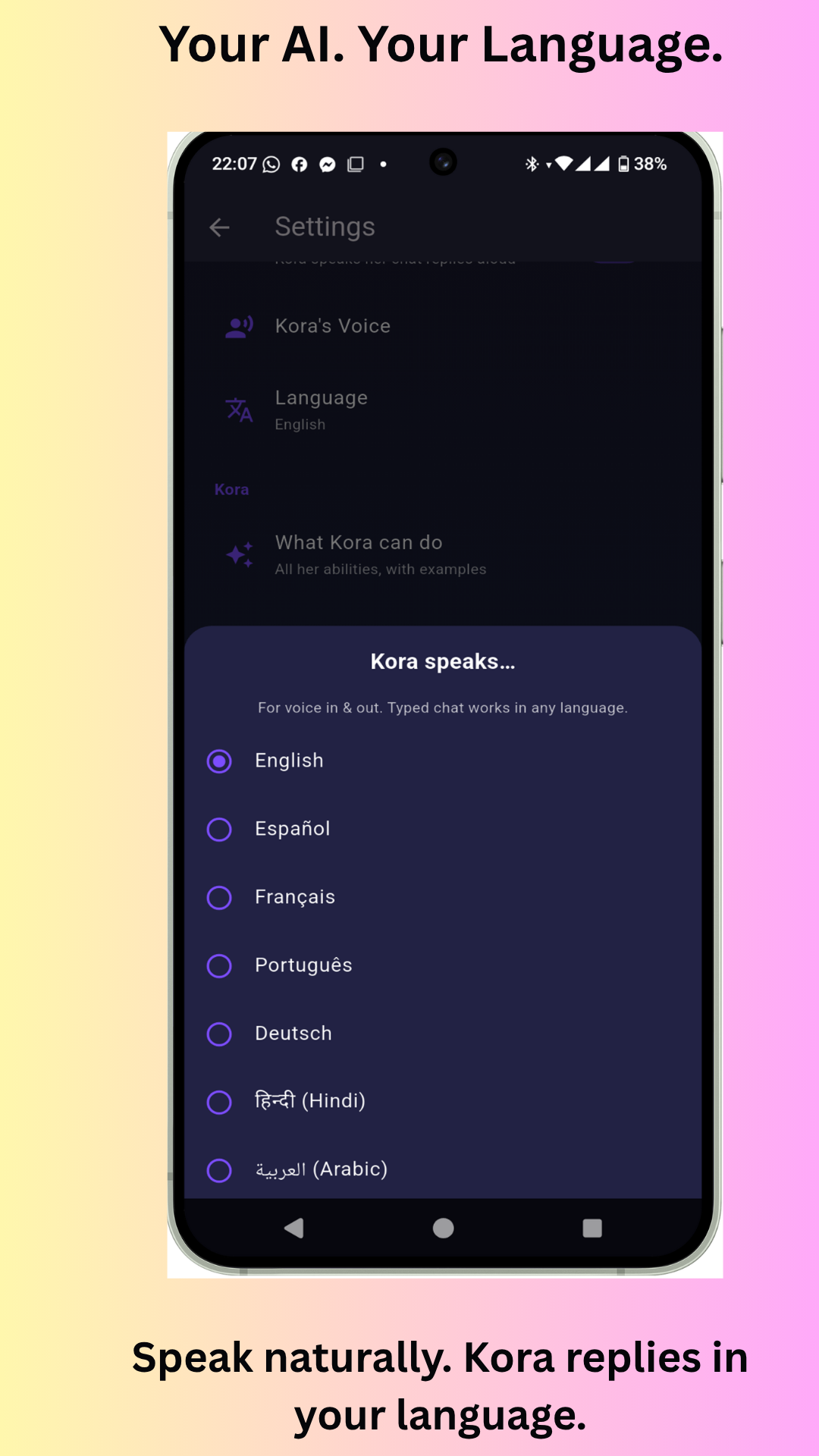 Your AI, your language — Kora's language picker showing English, Español, Français, Português, Deutsch, Hindi and Arabic